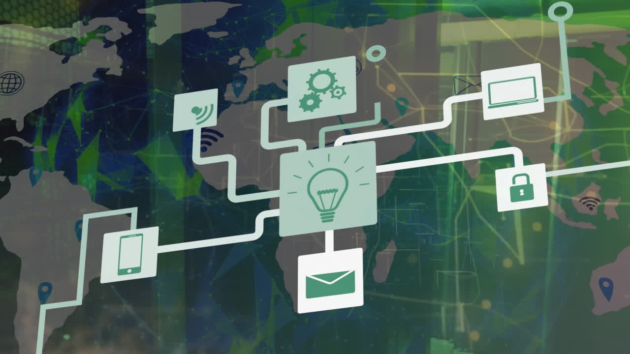 animación de la red de conexiones con iconos sobre el mapa del mundo