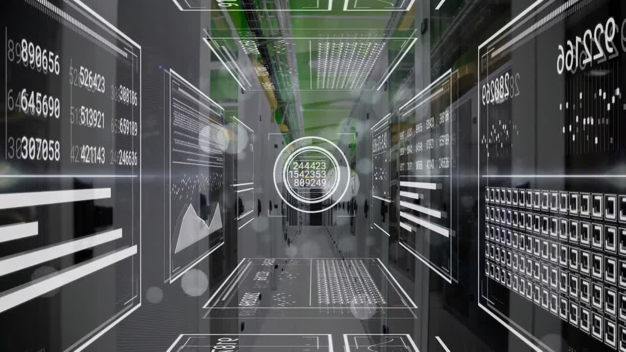 animación de gráficos, barras de carga, círculos sobre llamaradas de lente contra la sala de servidores en el fondo