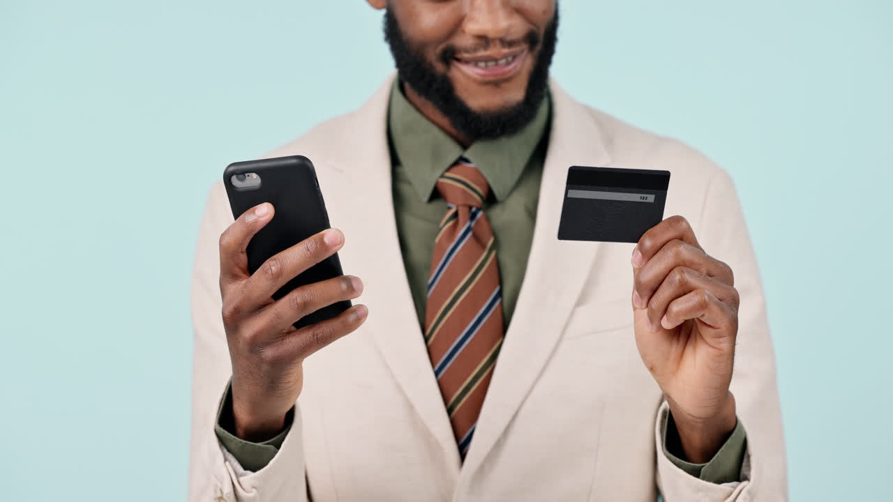 Happy businessman, hands and credit card