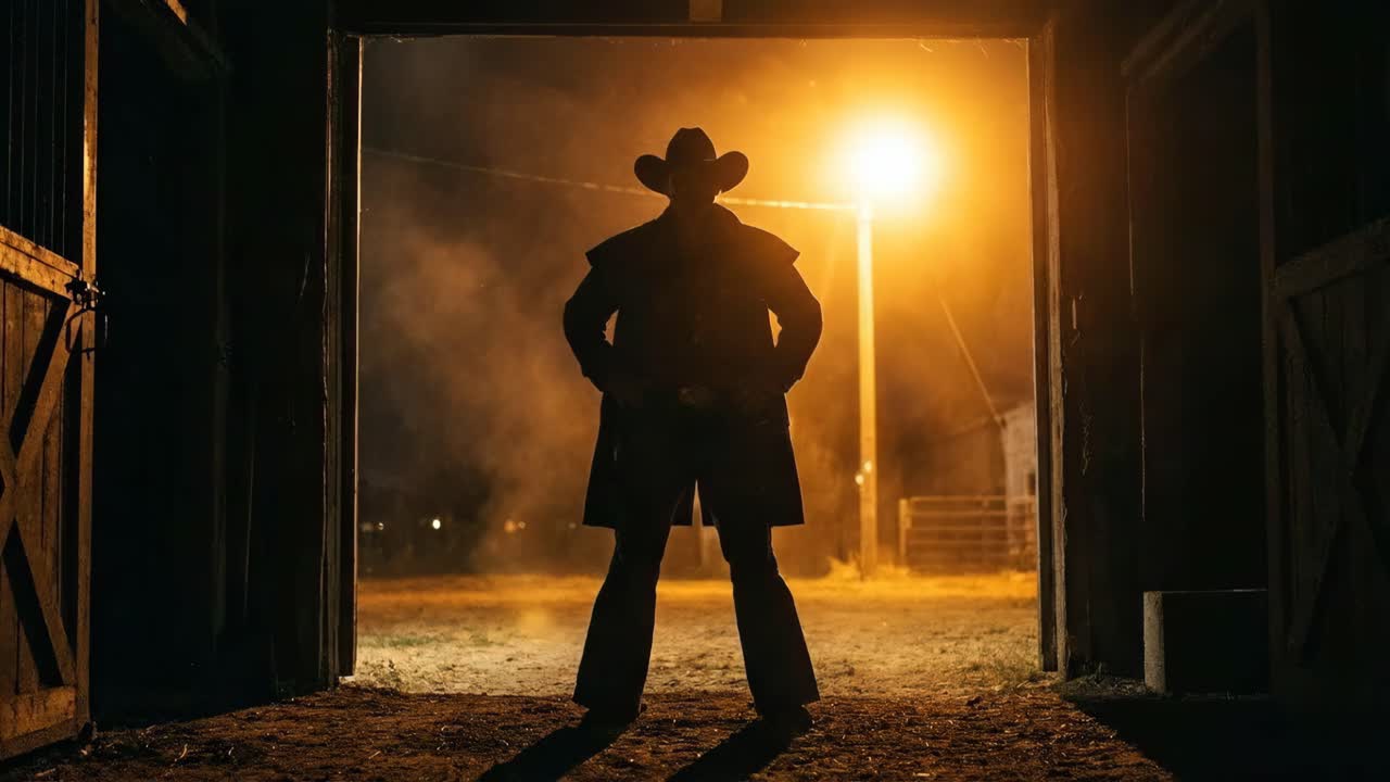 Silhouette di un cowboy nella porta di un fienile di notte