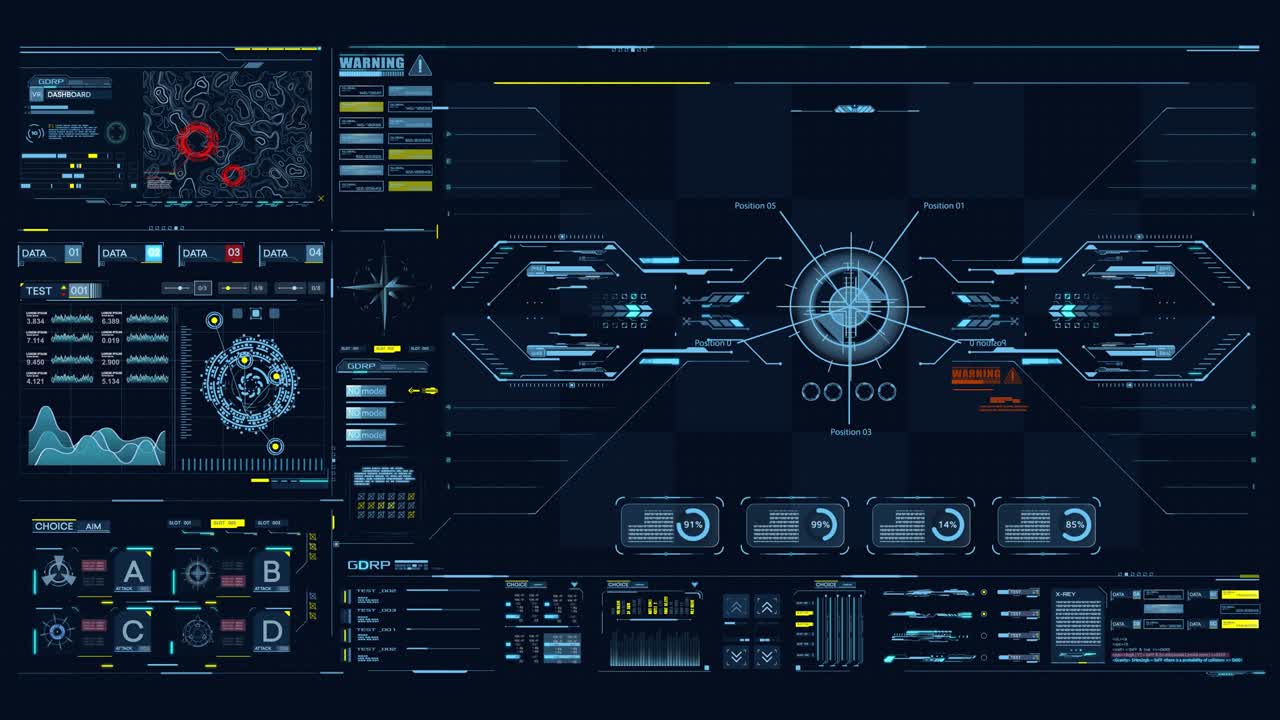 Advance HUD control center. Graphic Dashboard Head-up display and Futuristic User Interface GUI, UI. FUI. Virtual reality game screen interface template, mockup. Spyware app for tracking GPS.