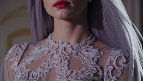 close-up of a beautiful wedding dress with intricate lacework