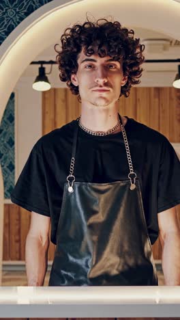 confident young adult employee wearing a black apron and silver chain, posing in a vibrant workplace surrounded by wooden and patterned walls, showcasing dedication and professionalism