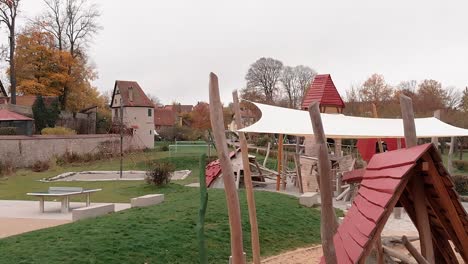 aerial drone flies low over the playground close up panorama