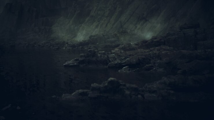 Rocky coastline under dark clouds at dusk near the waters edge