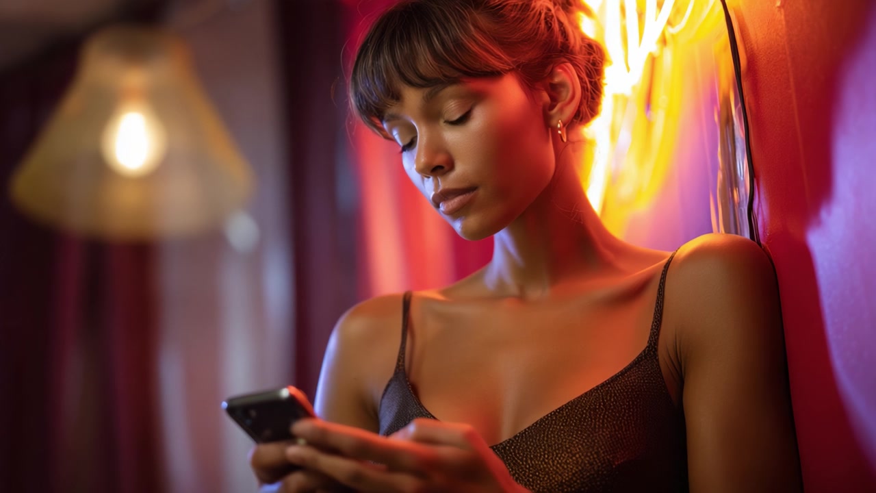 Una donna assorta nel suo smartphone, illuminata dal bagliore delle luci al neon, crea un'atmosfera intima e moderna che cattura la vita urbana contemporanea.