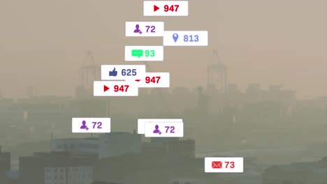 animation of falling notification labels with changing numbers over modern buildings and cranes