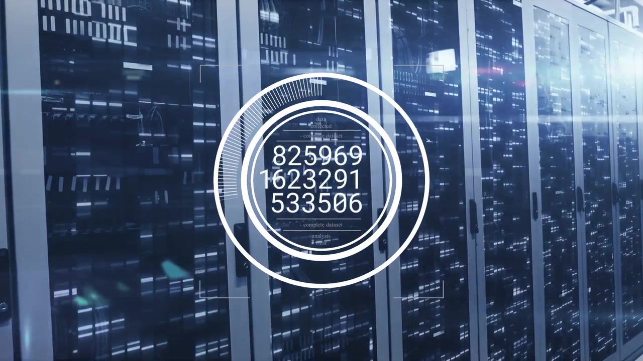 Faint HUD appearing over central server row, rings rotating and numbers updating for diagnostics