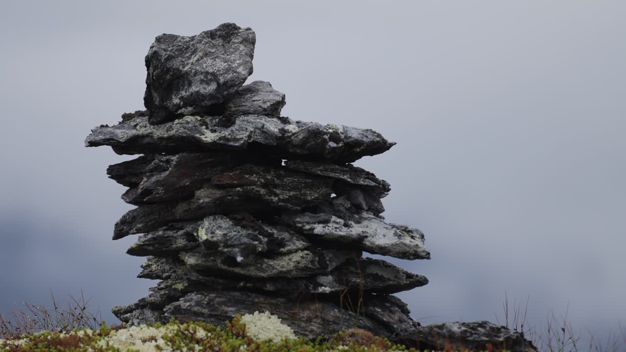 모스 로  ⁇ 인 바위 지형 에 있는 어두운  ⁇ 은 돌 로 만들어진 기둥