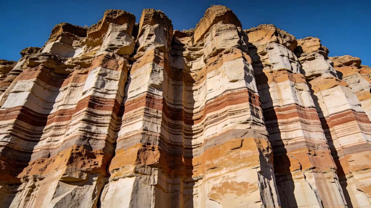 La telecamera si inclina verso l'alto rivelando le cime delle scogliere di arenaria sul bordo del canyon, mostrando profonde fessure.