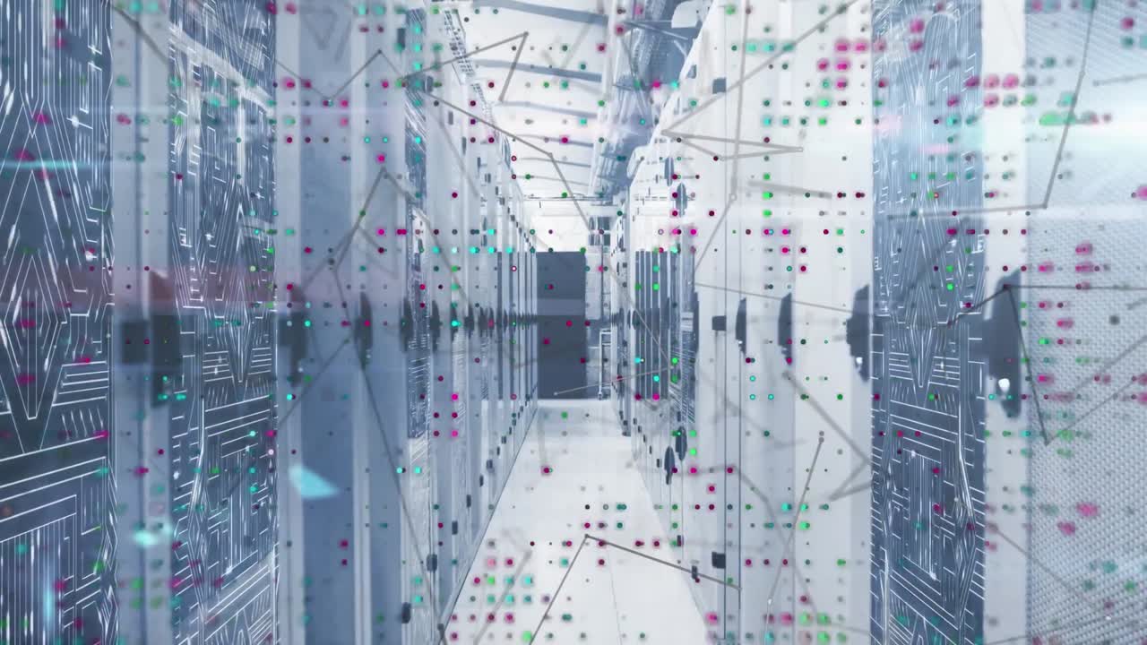 Animation of connected dots over data storage systems with electronic circuit board pattern