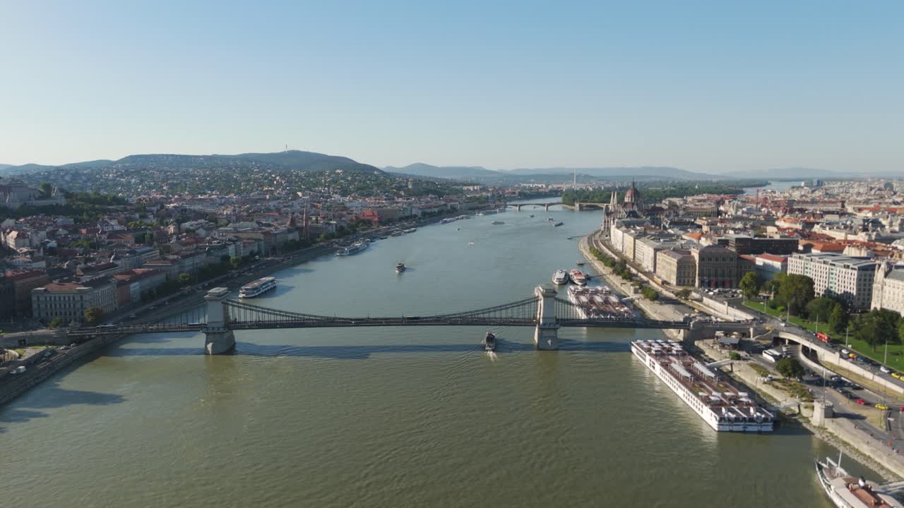 Drone flying over the Danube River with panoramic views of Budapest’s cityscape, showing historic buildings and bridges