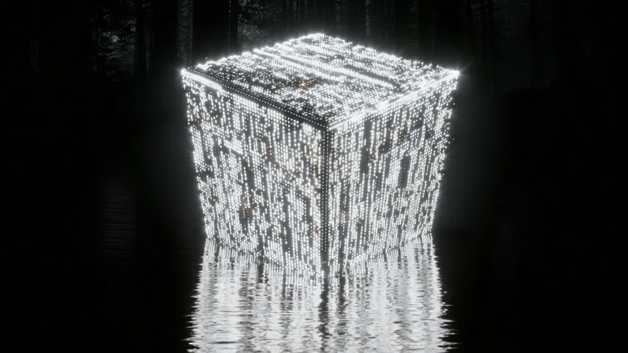 Shiny data cube made of bright digital pixels floating over a rippling water surface in a dark, mysterious forest, symbolizing modern technology, information, and artificial intelligence
