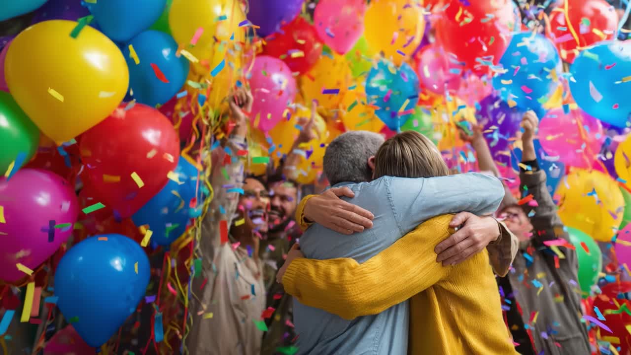 A joyous celebration between close friends, surrounded by vibrant balloons and colorful confetti, capturing a heartwarming moment of happiness, excitement, and togetherness at a festive gathering