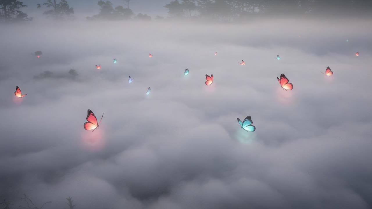 An Enchanting Display of Ethereal Butterflies Gliding Above a Mystical Sea of Fog, Illuminated by Soft Glows of Colorful Lights, Creating a Dreamlike Scenery