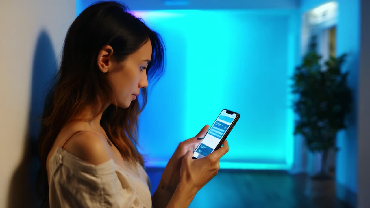 A woman engaging with her smartphone in a softly lit modern environment, showcasing her focus and interaction with digital content amidst a calming blue ambiance