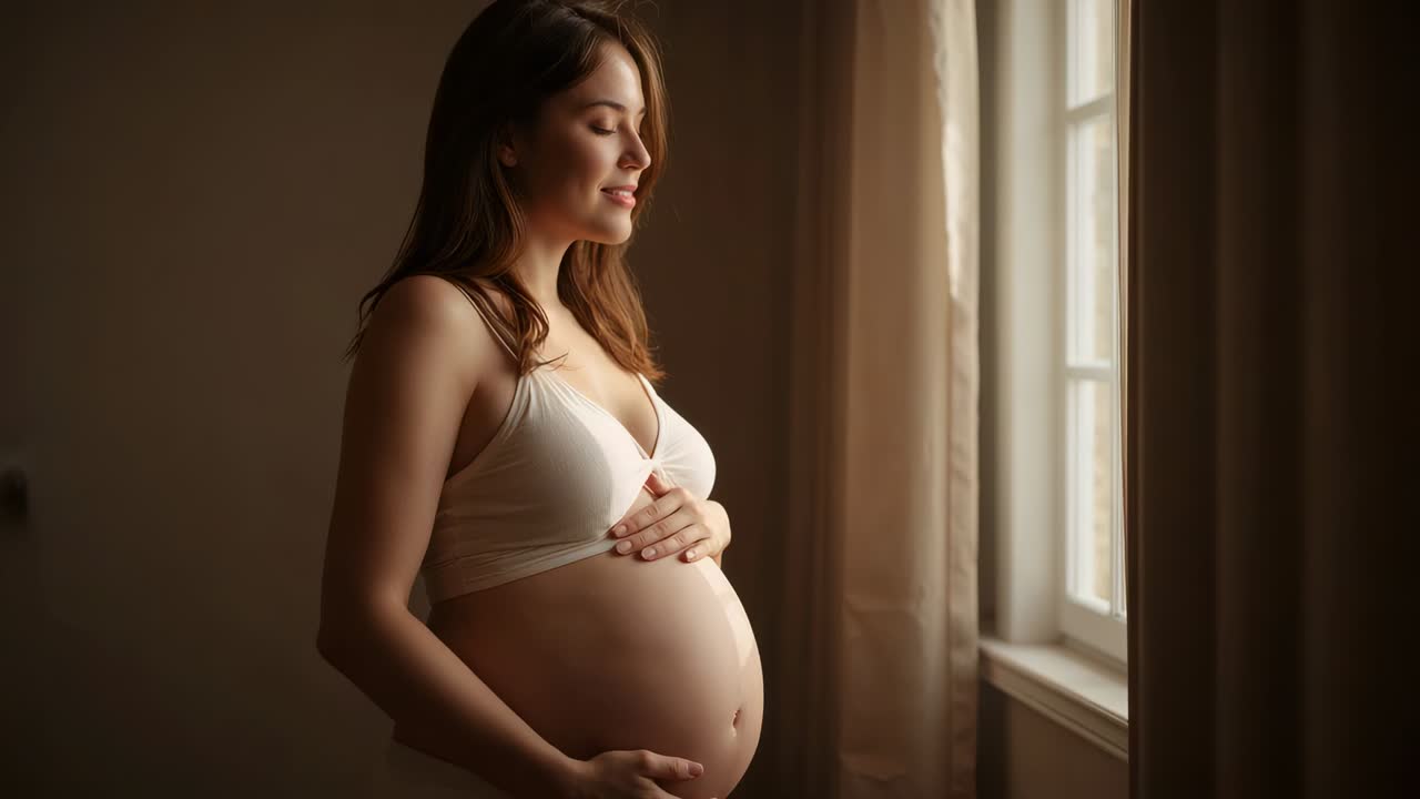 Una donna incinta che culla il pancione, si sposta verso la finestra di casa mentre la tenda si muove in reggiseno premaman