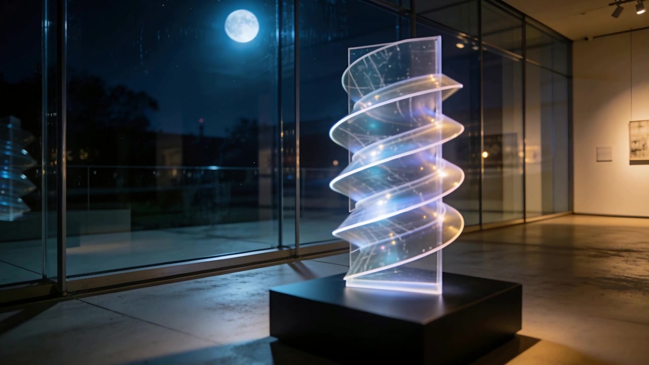 Scultura a elica illuminata rotante che reagisce al programma di luci in una galleria, con la luna che splende all'esterno