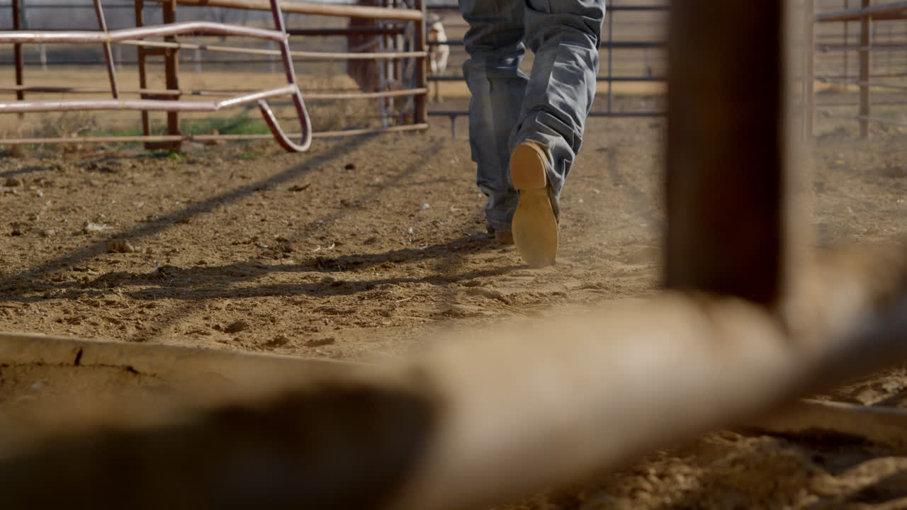 un vaquero sale de un paracaídas de metal en una granja de toros en el campo rural de texas