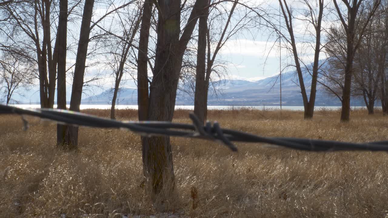 금지된 배경에 나무, 호수, 산이 있는 전경에서 초점이 맞지 않는 철조망으로 둘러싸인 사유 재산