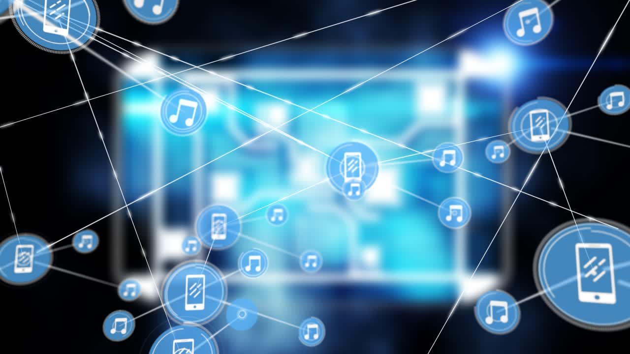 ぼやけた光るキューブを背景に、音楽と電話のアイコンが線で相互接続されるアニメーション。