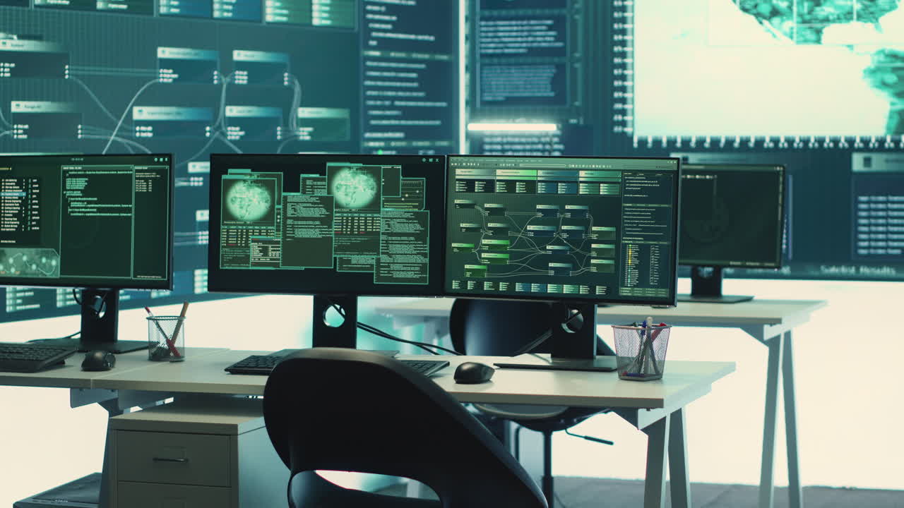 Advanced cyber surveillance room with no personnel present
