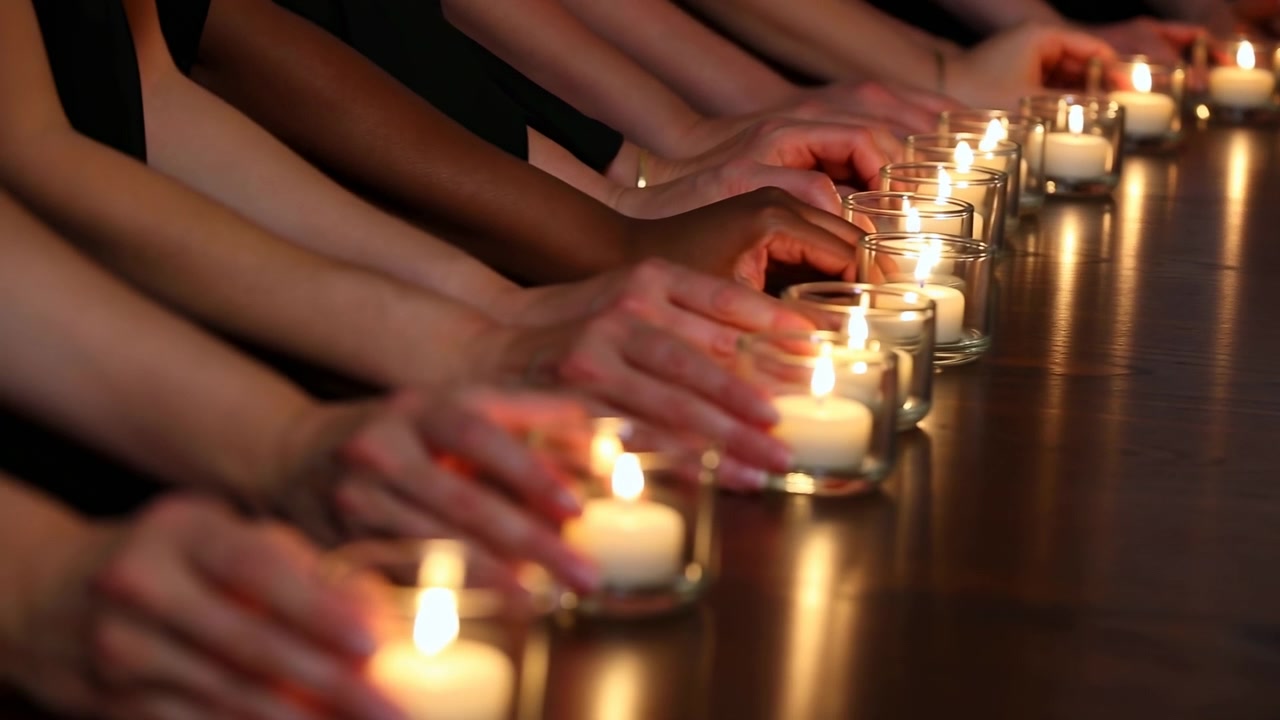 Several hands place and steady glowing glass votive candles along polished wood, forming diagonal line with warm reflections, soft flame, gentle blur, calm memorial atmosphere, with candle, hand