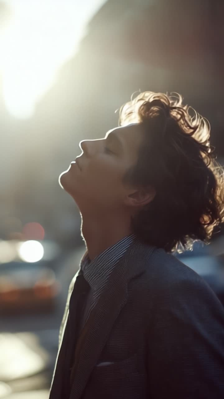 Un joven con cabello rizado se mantiene erguido con gracia de perfil, disfrutando del cálido sol, encapsulando un momento de reflexión y estilo en un ajetreado entorno urbano.