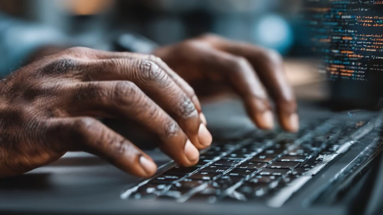 A Close-Up View of Hands Typing on a Laptop Keyboard, Capturing the Essence of Coding with Collected Lines of Code Flowing in the Background