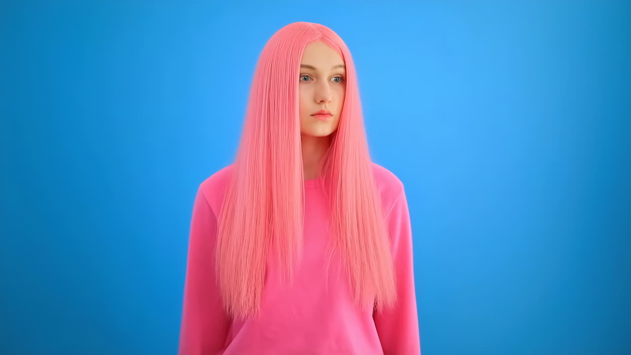 Young woman with long pink hair on a blue background