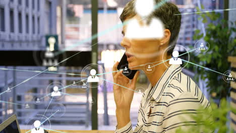 network of connections and data processing animation over person talking on phone