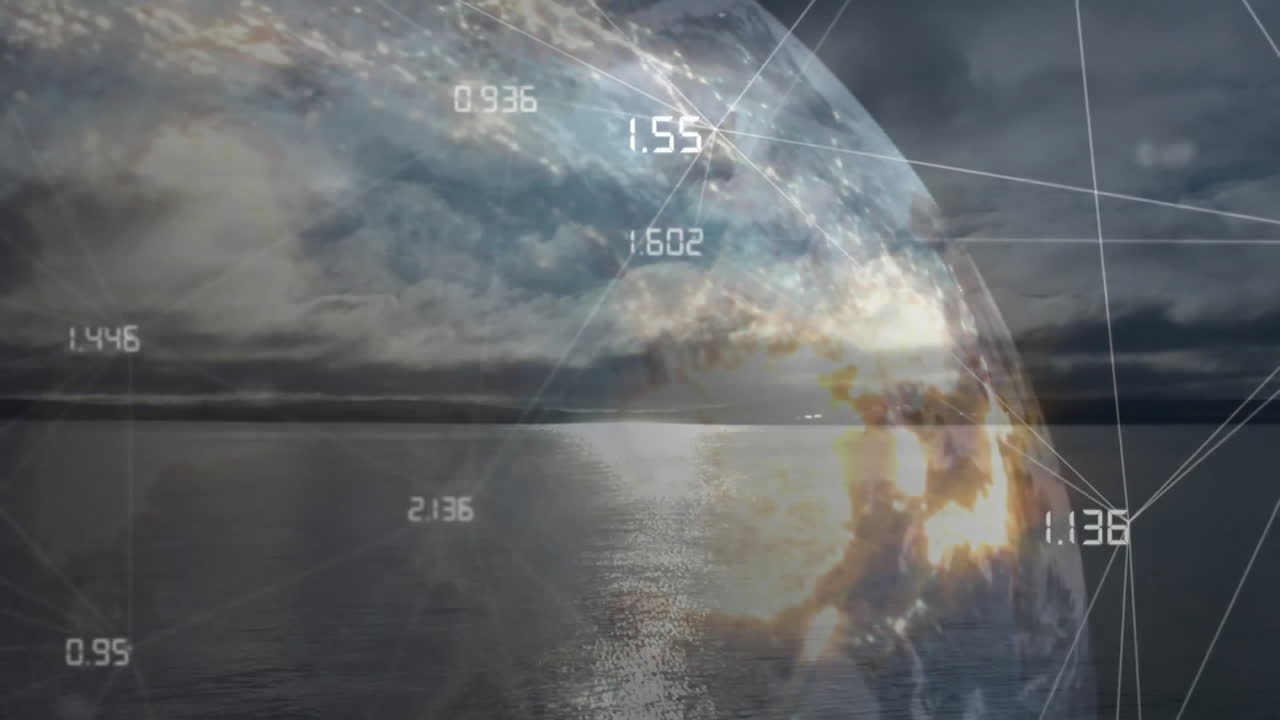 Animation of Earth showing data and network connections over ocean and clouds