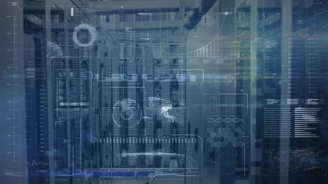 Animating data processing and network connections over server room in background