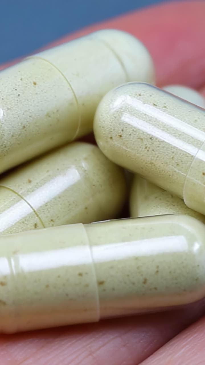 Primo piano di capsule a base di erbe tenute in mano, che mostrano la consistenza liscia e il colore unico delle capsule ricche di ingredienti naturali per i benefici per la salute