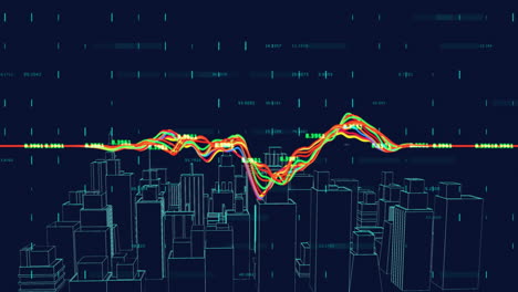 Animation-of-financial-data-processing-over-digital-city-model-on-black-background