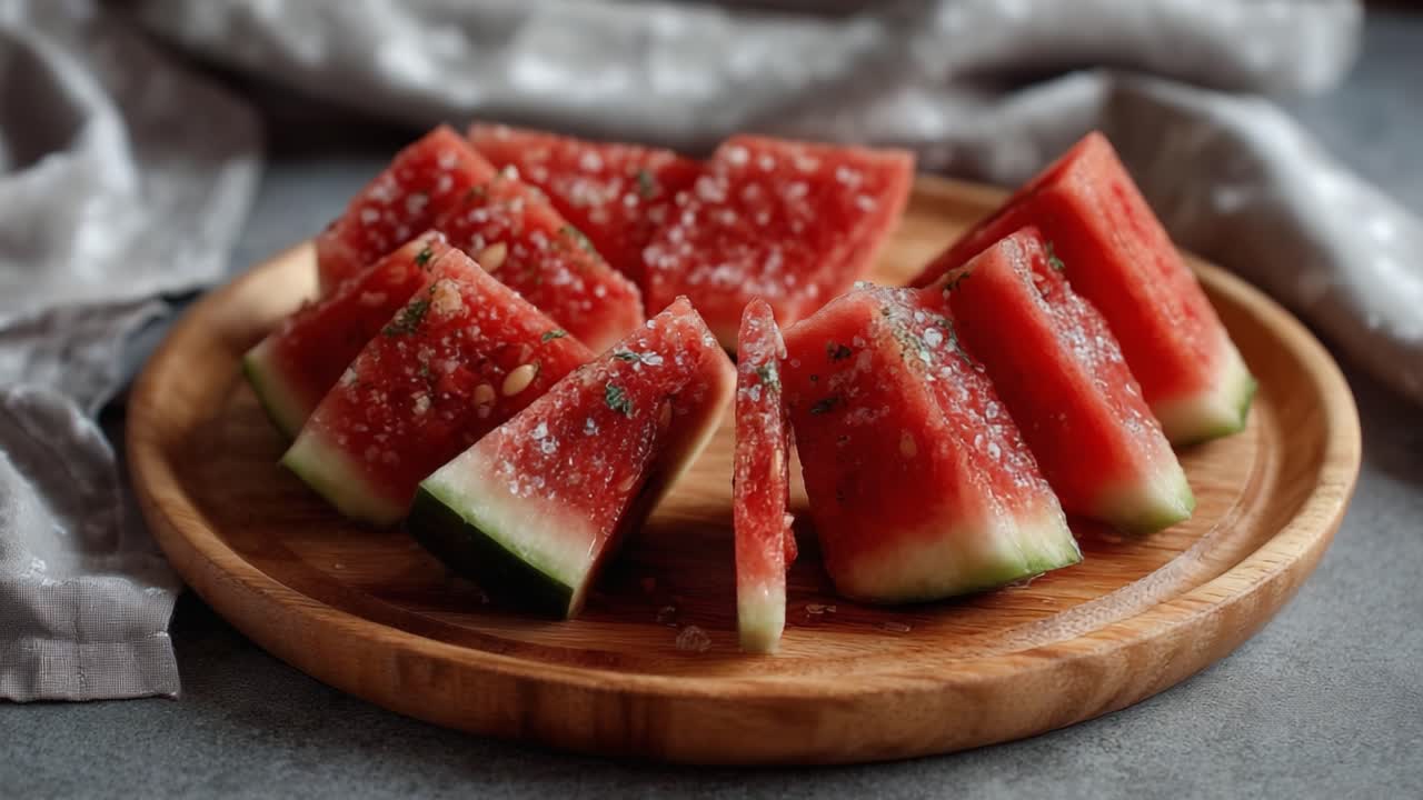 Vibrant Watermelon Slices on a Wooden Plate Enhance Any Summer Gathering with Refreshing Flavor and Juiciness, Perfect for Snacks or Desserts