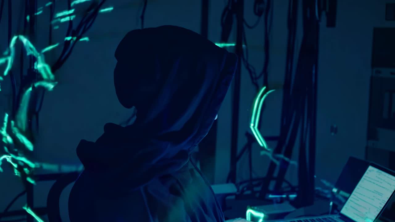 A hooded figure in a dim room with glowing digital graphics, viewed from a side angle