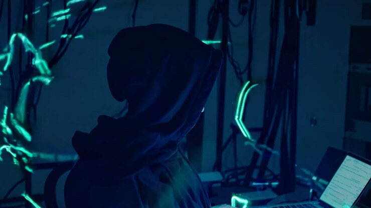 Una figura incappucciata in una stanza buia con grafica digitale luminosa, vista da un angolo laterale