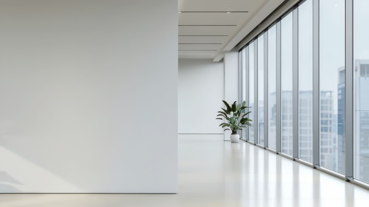 Espacio de oficina minimalista con ventanas grandes, capturado desde un ángulo bajo