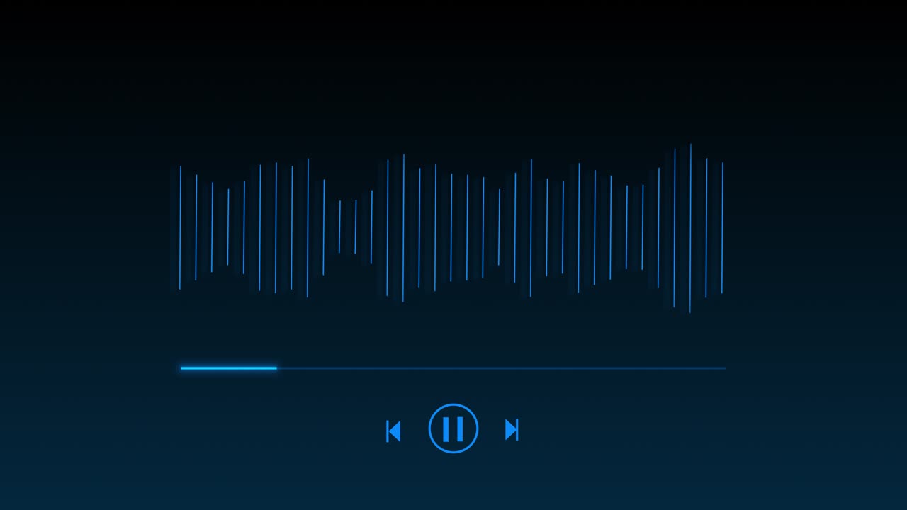 Interface showing animated music waveform pulsing to beat glowing blue lines reflects digital audio