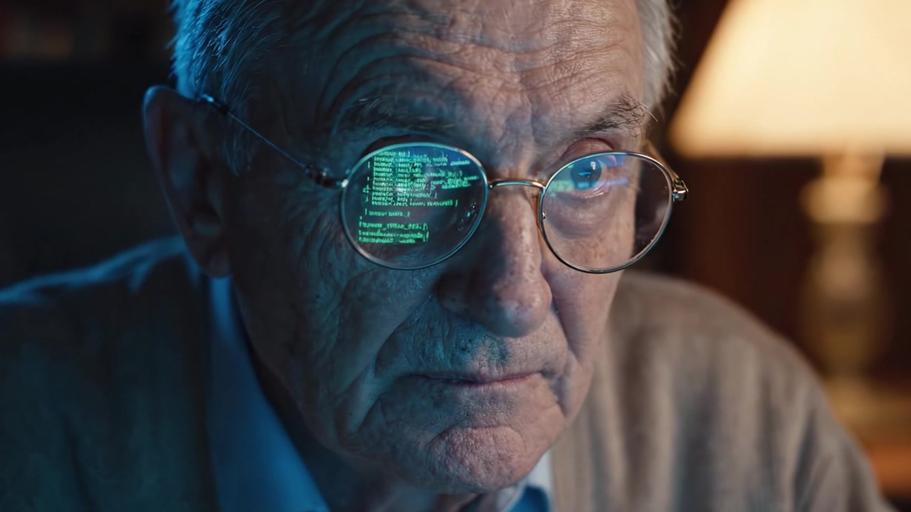 An Elderly Gentleman Engaged in Deep Concentration While Analyzing Complex Code on a Computer Screen in a Cozy, Dimly Lit Room
