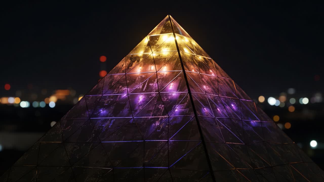 Mesmerizing Illuminated Pyramid at Night: A Stunning Display of Colors and Reflections Captured in Vibrant Detail with Twinkling City Lights in the Background
