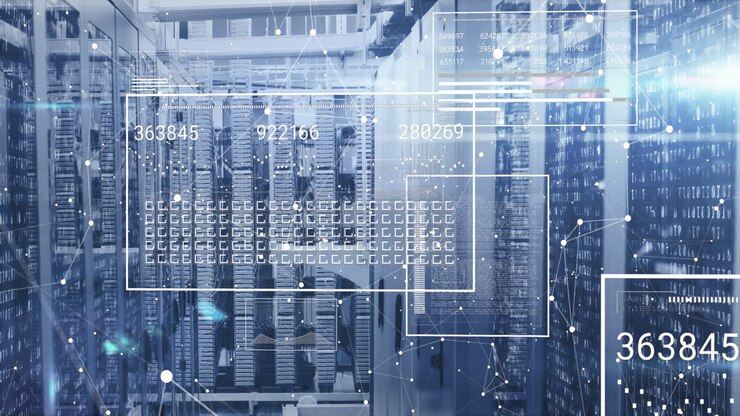 Animation of connected dots and screens with number changing over data server racks