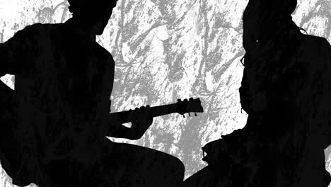 Animation-of-gray-and-white-shapes-moving-over-silhouette-of-man-and-women-playing-guitar-and-drums