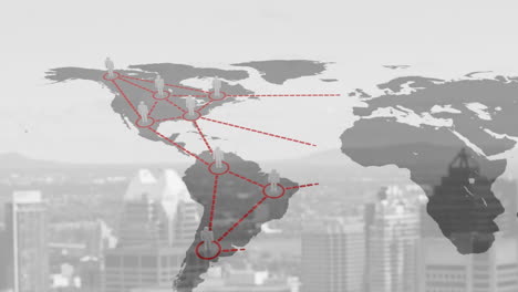 múltiples marcadores humanos sobre el mapa del mundo contra el paisaje urbano en el fondo