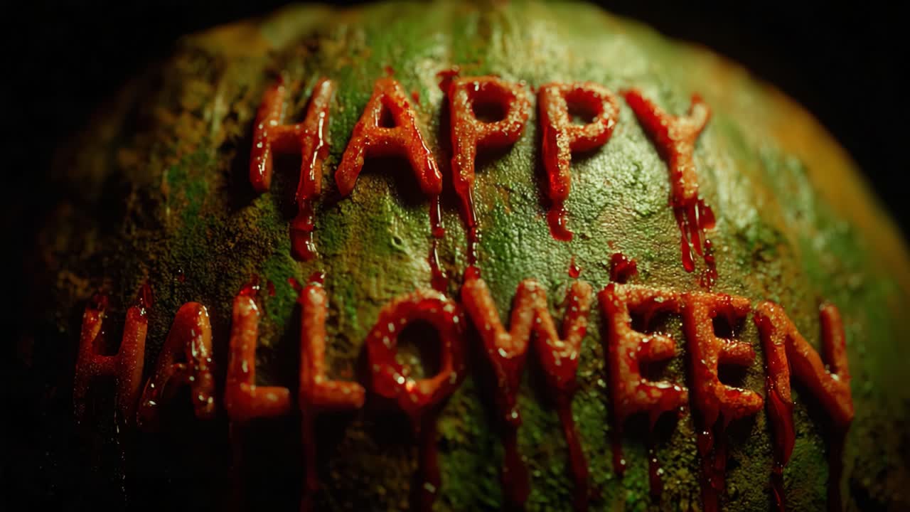 Gory happy halloween message written with dripping blood on a dark green pumpkin surface. Macabre and spooky lettering perfect for a terrifying and mysterious seasonal celebration or horror concept
