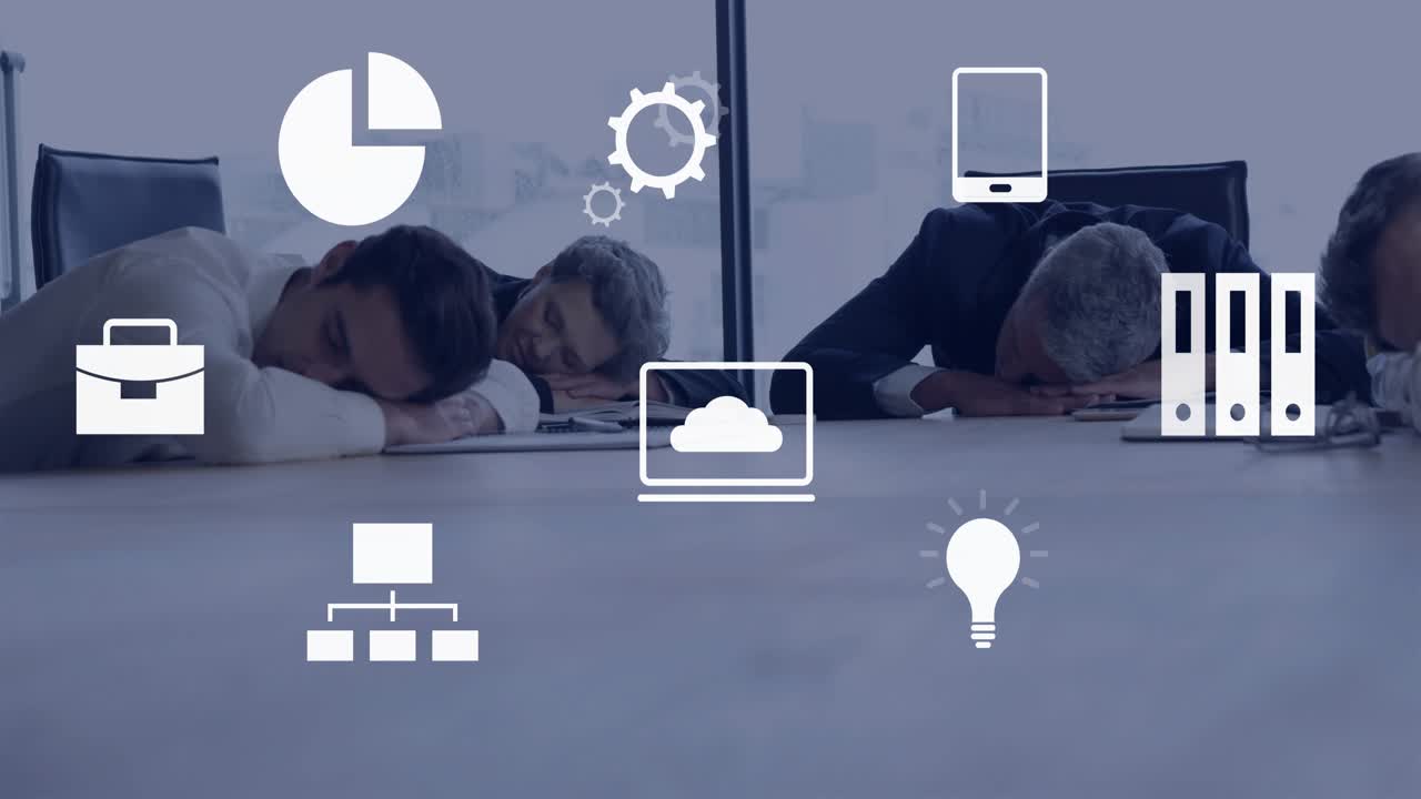 Office workers sleeping in boardroom while pie chart fading in and pulsing illustrating analytics