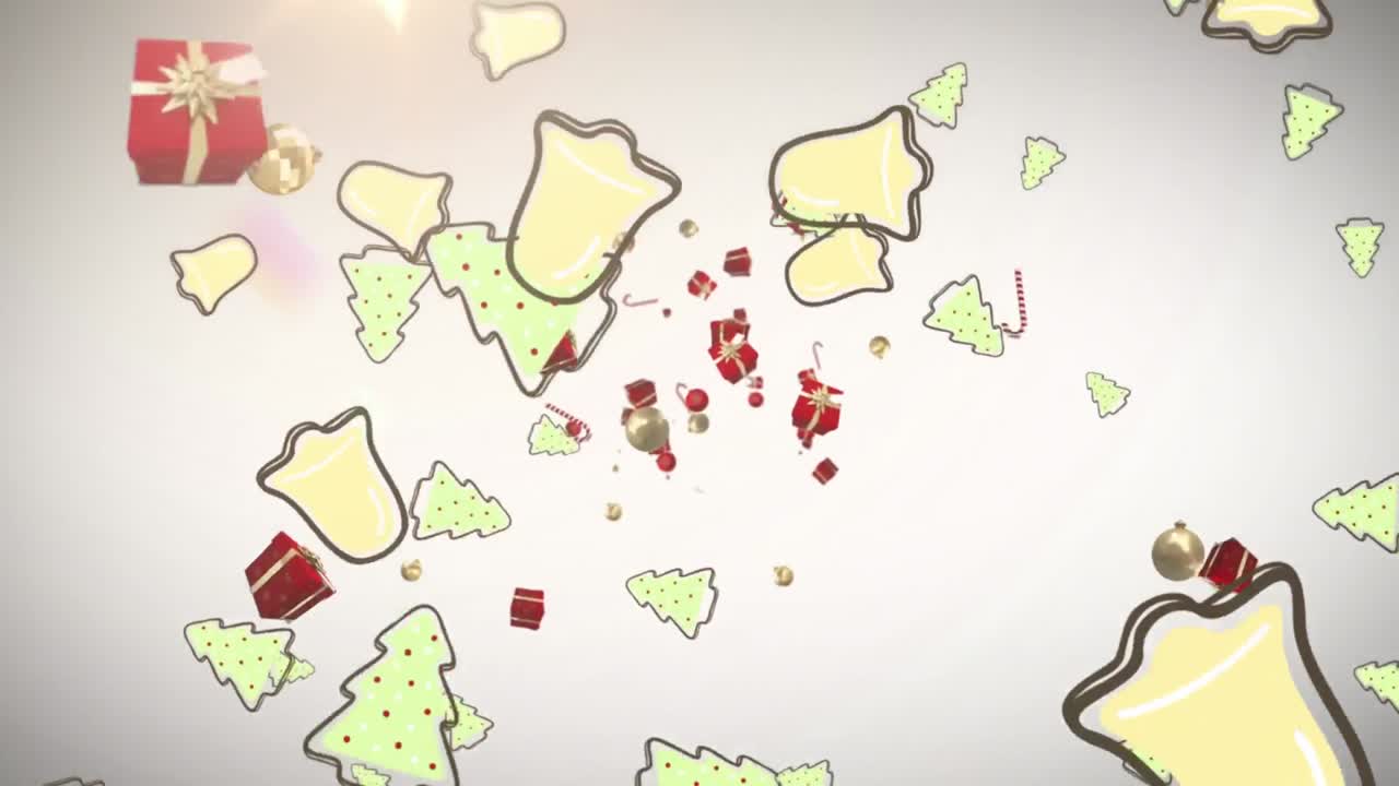 несколько иконок рождественской концепции падают против точки света на сером фоне