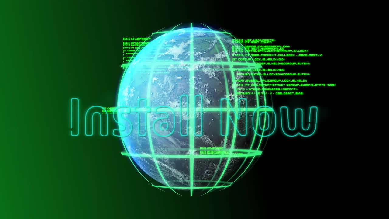 Green digital code overlay with glowing globe and Install Now text in animation