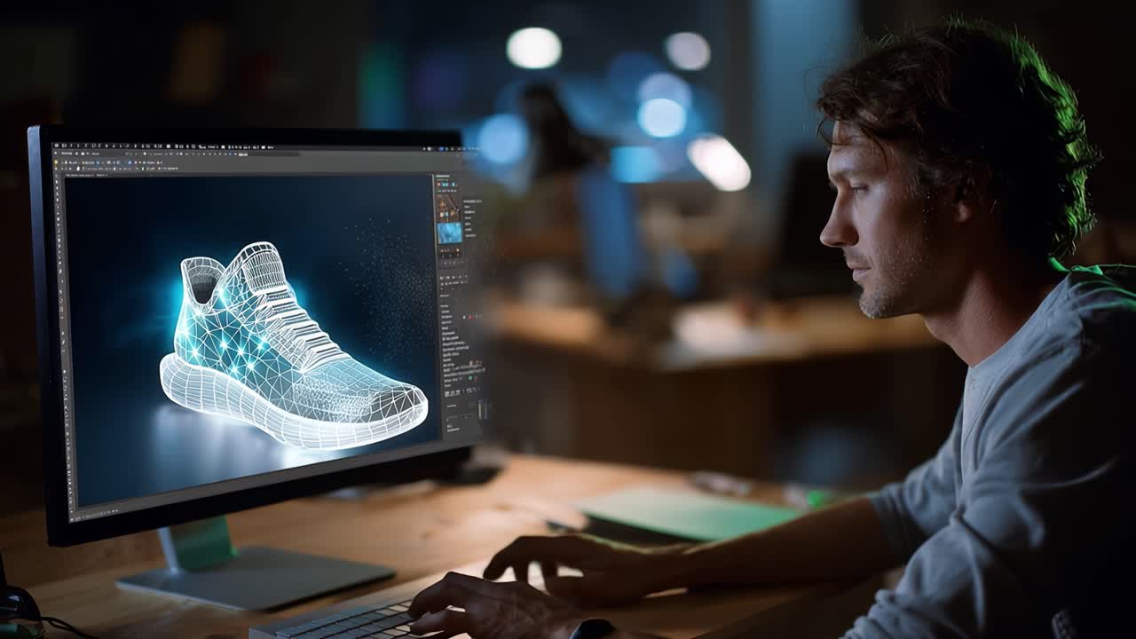 Designer stares at glowing shoe model on screen. Focus sharpens on intricate digital design. Hands rest calmly on keyboard, awaiting input. Soft lighting highlights concentration and precision